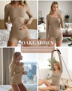 lot 6503 image: Womens Long Sleeve Yoga Set Square Neck Slim Fit Tops Elastic Soft Thumb Hole Shirt High Waist Shorts with Pockets Medium