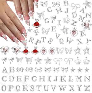 lot 6509 image: 142 Pcs Silver A-Z Letter Nail Charms, Alloy Alphabet Words Nail Charm, Crown Heart Butterfly Bows Star Nail Gems Charms, Silver Flower Heart Alloy Nail Charm for Acrylic Nail Art DIY Accessories