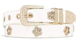 lot 6515 image: Women Studded Belt Rhinestone Floral Rivet Punk Y2K Faux Leather Skinny Belts for Jeans Pants Dresses Black