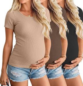 lot 6579 image: Neer 3 Pack Womens Ribbed Maternity Tops Pregnancy Round Neck Shirts Short Sleeve Soft Maternity Clothes for Mama Large