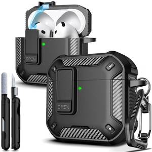 lot 6637 image: R-fun for AirPods 4 Case with Cleaning Kit,Carbon Fiber Elements Military Drop Proof Auto Pop up Cover, Phone Stand and Magnetic Base with Carabiner Hook Compatible with AirPods 4th Gen 2024,Black
