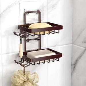 lot 6638 image: Moforoco Brown Double Soap Bar Holder for Shower, No Drilling, 304 Stainless Steel, Wall Mounted Soap Holder with 4 Hooks and Razor Holder, Shower Rack Soap Tray Bar Soap for Bathroom Accessories