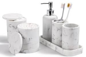 lot 6667 image: Bathroom Accessories Set, 6-Piece Bathroom Accessory Set, Toothbrush Holders Set, Soap Dispenser, Vanity Tray, Tumbler, Cotton Swab Jars, Bathroom Organizer for Modern Bathrooms (Marble White)