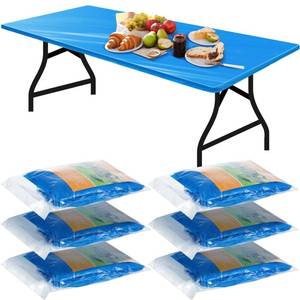 lot 6672 image: Boao 6 Pcs Disposable Plastic Tablecloth Parties Picnic Table Covers with Elastic Fitted Elastic Plastic Table Cover Rectangle Waterproof for Indoor, Outdoor, Picnic, Camping (Blue,72 x 30 Inch)