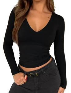 lot 6679 image: ForeFair Womens Casual V Neck Long Sleeve Shirts Going Out Double Lined Crop Tops Slim Fitted Basic Tee Black,M