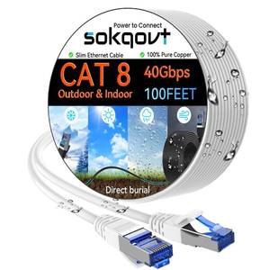lot 6694 image: Sokqovt Cat 8 Ethernet Cable Slim 100ft Outdoor&Indoor, Pure Copper Cat8 Internet Cable for Waterproof & Direct Burial, Flexible Cat8 Ethernet Cable 40G 2000MHZ, Cat 8 Network Cable for Indoor White