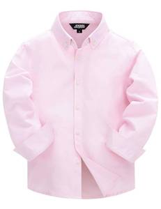 lot 6701 image: JOGAL Boys Long Sleeve Dress Shirts Oxford Solid Button Down Shirts for 6-14 Years Pink 8