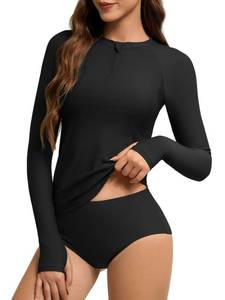 lot 6705 image: American Trends Long Sleeve Two Piece Swimsuits for Women, Zip Up Rash Guard Swimsuit Set, Modest Bathing Suit Top and Bottoms Black S