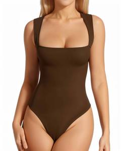 lot 6712 image: MANGOPOP Womens Square Neck Tank Top Bodysuit Sexy Double Lined Sleeveless Thong Body Suits Going Out Tops Coffee X-Large