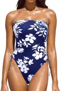 lot 6713 image: Yonique Women Strapless One Piece Swimsuit Tummy Control Bandeau Bathing Suit Cheeky Swimwear Navy White Flower XL