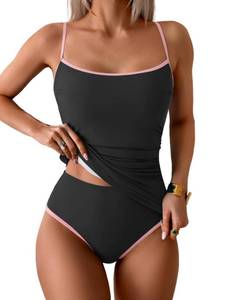 lot 6718 image: Eomenie Womens Tankini Swimsuits Two Piece Tummy Control Bathing Suit Color Block Slim Swimwear with High Waisted Bottom M