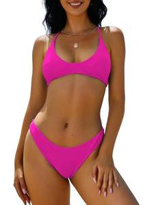 lot 6738 image: ZAFUL Womens Tie Back Padded High Cut Bralette Bikini Set Two Piece Swimsuit (1-Rose Red, Medium)