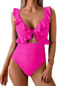 lot 6743 image: Eomenie One Piece Swimsuit for Women Tummy Control Ruffle Bathing Suit V Neck Ruched Swim Suit Slimming Cutout Swimwear Hot Pink Small