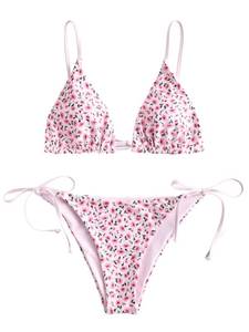 lot 6744 image: ZAFUL Womens Triangle Bikini Floral String Bikini Set Two Piece Swimsuit Bathing Suits (2-Pig Pink, Small)