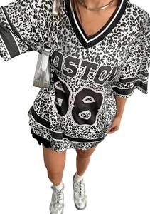 lot 6367 image: Jersey Shirts for Women Y2k Graphic Number Shirt Oversized V Neck Shirts Casual Streetwear Summer Tops Boston 98 Small