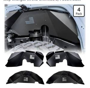 lot 7372 image: Front Rear JK Inner Fender Liners Wheel Well Set US Flag PatternAluminum Mud Guards Compatible with 2007-2018 Jeep Wrangler JK JKU Unlimited 24 Doors Black