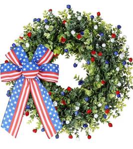 lot 7375 image: Patriotic Wreaths for Front Door, 18 Inch4th of July, American Flag Bow, Red White Blue Floral, Memorial Wreath