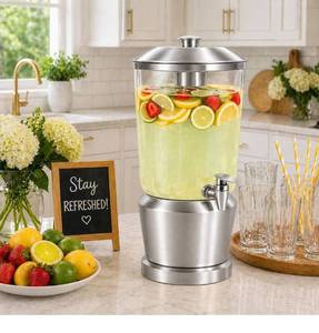 lot 7383 image: Drink Dispenser with Ice Chambers, Lemonade Tea Water Dispenser with Spigot, Stainless Steel Beverage Jar Jug, Perfect for Home Parties, Weddings, Gifts & Events (Silver, 3, Gallons)