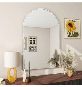lot 7403 image: BEAUTYPEAK 24x36 Arch Bathroom Mirror, Wall Mounted Vanity Metal Frame Mirror for Bedroom, Entryway, Living Room, Silver