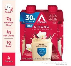 lot 7433 image: Atkins Strong High Protein Shake Vanilla 30g Protein 4-Count 11 fl oz