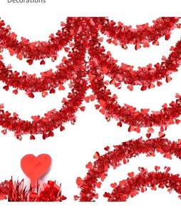 lot 7458 image: 50FT Valentines Day Decorations, Red Valentines Heart Tinsel Garland Shiny Metallic