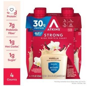 lot 7475 image: Atkins Strong High Protein Shake Vanilla 30g Protein 4-Count 11 fl oz