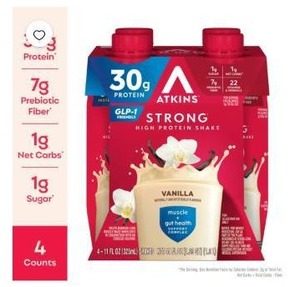 lot 7477 image: Atkins Strong High Protein Shake Vanilla 30g Protein 4-Count 11 fl oz