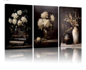lot 7484 image: Kdyudo3 pcs Vintage Moody Floral Book-Framed Canvas Wall Art, Dark Mood Still Life Floral Print Paintings Vase Rose Plant Farmhouse Decor, Dark College Posters, Kitchen, Bedroom, Office, 16x24 inch
