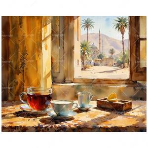 lot 7537 image: Desert Tea Set Paint by Numbers Kit for Adults - DIY Tea Cups with Oasis View Painting on Canvas 16x20In, Acrylic Paint Set, Suitable for Beginners, Art for Home Decoration or Gifts