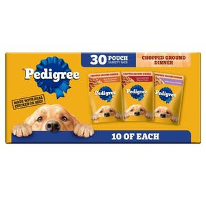 lot 7575 image: Pedigree Chopped Cuts in Gravy Chicken, Cheese, Steak, Beef and Bacon Flavor Pouch Variety Pack Wet Dog Food - 3.5oz30ct