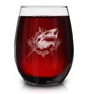 lot 7578 image: Great White Shark Vintage Engraved Stemless Wine Glass - Wildlife Themed Gift - Unique Birthday Gifts For Friends And Family - Great White Shark Lovers Gift - Vintage Animal Wine Glass