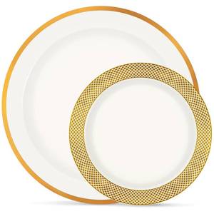 lot 7587 image: Boocikey 40 Pcs Gold Plastic Plates, Disposable Plates with Gold Grid Rim, Graduation plastic plates for Mother Day Birthday Party