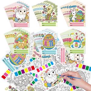 lot 7619 image: Zealor 144-Pieces Easter Painting Card Crafts, 36 Sets Watercolor Coloring Book Easter Gifts Coloring Cards with Brushes and Bags Bunny Egg Paint Sheets for Birthday Party Favor