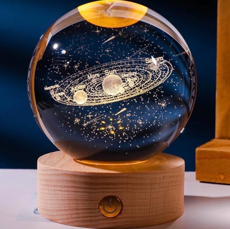 lot 258 image: 3D Luminous Crystal Ball, 6cm Clear Round Astronomy Ball Miniature Sculpture Ball Night Light for Kids Physics Enthusiasts (Solar System Crystal Ball) USB plug in