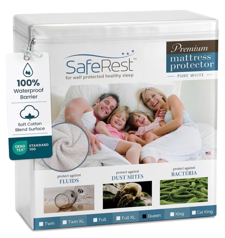 lot 26 image: Bundle of 2 SafeRest Waterproof Queen Size Mattress Protector - Fitted with Stretchable Pockets - Machine Washable Cotton Blend Mattress Cover for Bed
