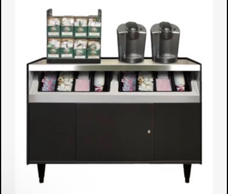 lot 3 image: Professional Quality Super-wide office coffee stand - Stainless steel Top - Lockable Storage  49 Width x 2.25 Depth x 34 Height (OCS490)  See images small Shipping blemish on front of Table Edge - legs are in a box inside the Cabinet