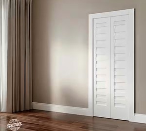 lot 79 image: 30 in. x 96 in. Shadow Louver Solid Core White Primed Smooth Wood Bi-fold Door with Hardware Shipping blemishes on corner see images