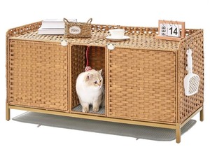 SETVSON Cat Litter Box Enclosure for 2 Cats, Hidden Litter Box Furniture with Mat, Large Rattan Cat House with Double Room and Door, 47.3 L x 19.7 W x 24 H, 2 S-Shaped Hooks for Living Room Natural - comes assembled