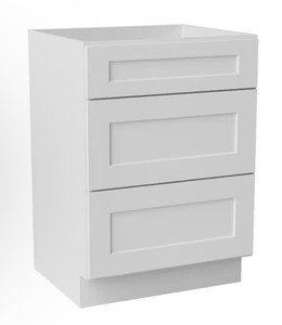 lot 8 image: Classic White Frameless - 21W X 34.5H X 24D - Base Cabinet with Three Drawers