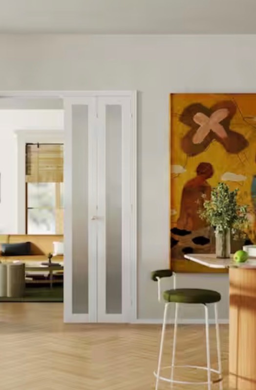 lot 100 image: 24 in. x 80 in. 1-Lite Frosted Glass Solid Core White PVC Covering MDF, 180° Bifold Door Retails $379