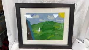 lot 81 image: Framed Landscape Painting Green Hills Blue Sky Yellow Sun 19x22