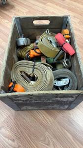 lot 85 image: Lot of Ratchet Straps, Tie-Down Straps and Cargo Securing Webbing in Wooden Crate