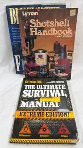lot 175 image: 3 Hunting and Fishing Books Lyman Shotshell Handbook, Outdoor Life Survival Manual, Bluewater Fly Fishing