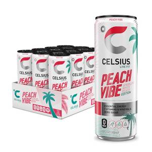 lot 1679 image: CELSIUS PEACH VIBE Sparkling White Peach, Sugar Free Energy Drink, 12 Fl Oz (Pack of 12)