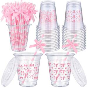 lot 3036 image: Teenyyou 100 Set Pink Bow Cups Disposable Plastic Cups with Lids and Bow Style Straws Pink Cup Sets for Princess Themed Girls Birthday Baby Shower Wedding Tea Party Bachelorette Bridal Party Supplies