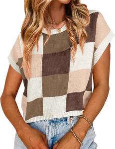 lot 4235 image: Libsorge Womens Knit Crop Top - Checkered Cute Sweater, Cap Sleeve, Crew Neck  Trendy Casual Short Sleeve Brown