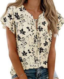 lot 4243 image: siliteelon Women Apricot Floral Ruffle Sleeve Tops V Neck Flutter Cap Sleeve Seersucker Blouses Dressy Work Spring Summer Trendy XL