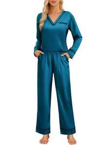 lot 4315 image: Blooming Jelly Womens Pajamas Set 2 Piece Lounge Set Satin Cute Pj Silk Christmas Pajamas Fall Sleepwear (L, Beige)