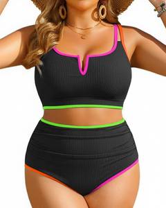 lot 4363 image: Women Plus Size High Waisted Bikini Ribbed Two Piece Tummy Control Swimsuit. No specific size on item - tag says plus size