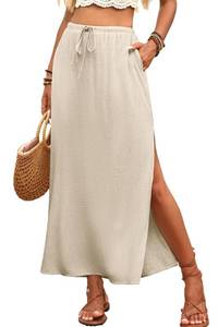 lot 4366 image: ELLEVEN Linen Maxi Long Flowy Straight Skirt with Slit for Women Summer Trendy Elastic High Waisted Ankle Length Casual Beach Vocation Low Rise Sexy Boho Midi Skirts with Pockets Beige X-Large